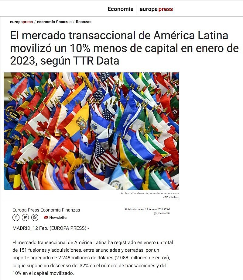 El mercado transaccional de Amrica Latina moviliz un 10% menos de capital en enero de 2023, segn TTR Data